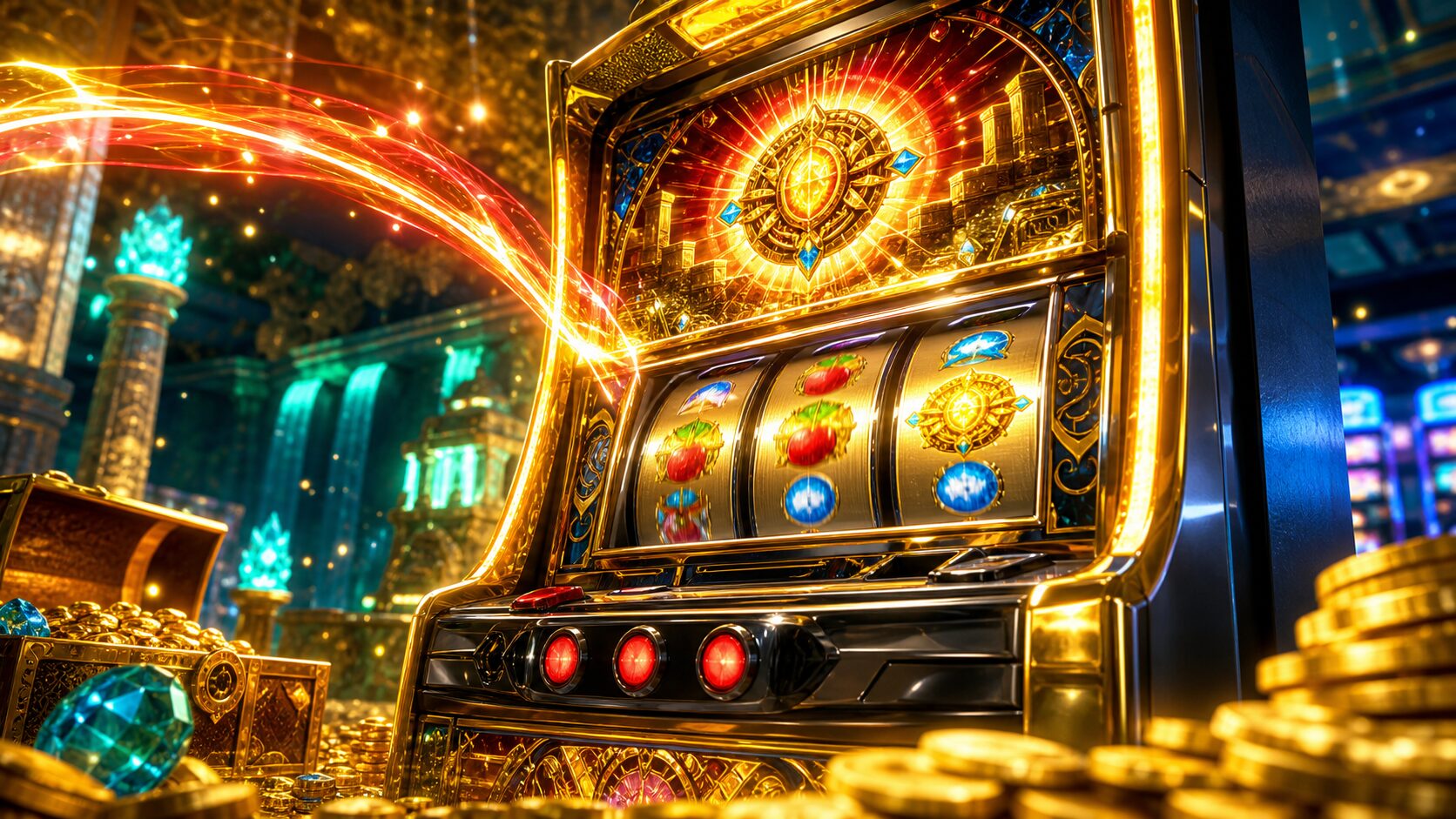 秘宝伝ボーナストリガーをイメージした黄金のパチスロ台アイキャッチ画像