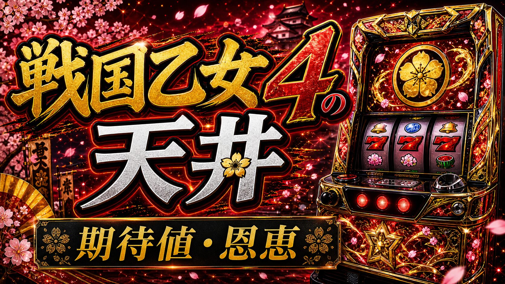 戦国乙女4の天井の期待値と恩恵をイメージしたパチスロ台アイキャッチ画像