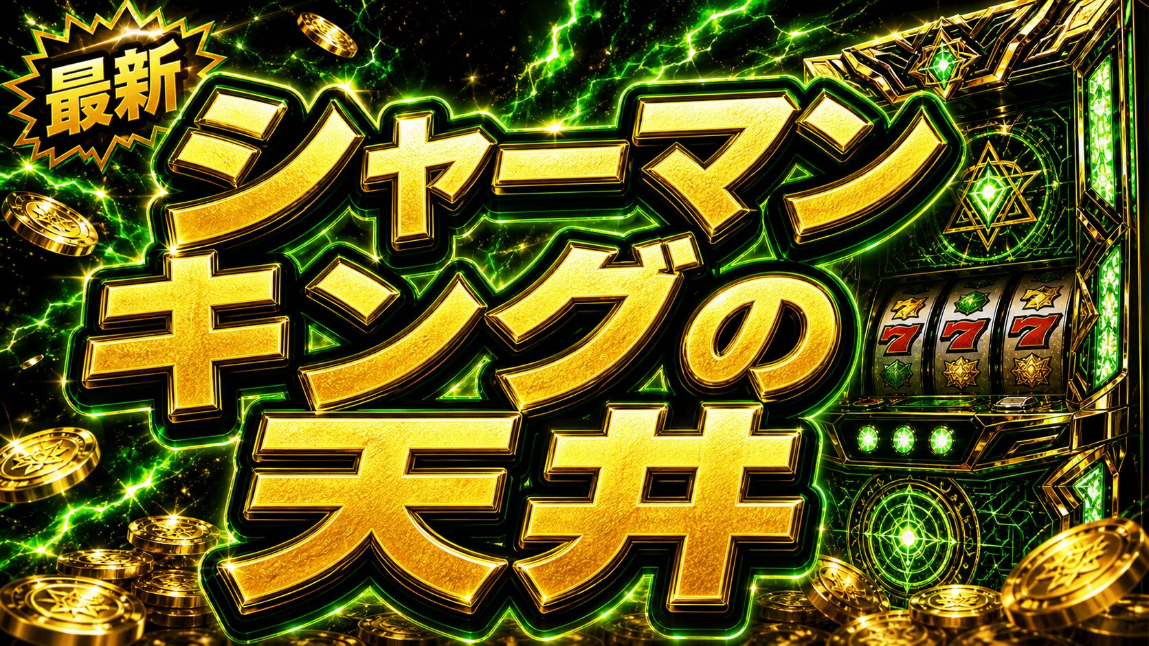 シャーマンキングの天井をイメージした緑と金色のパチスロ台アイキャッチ画像